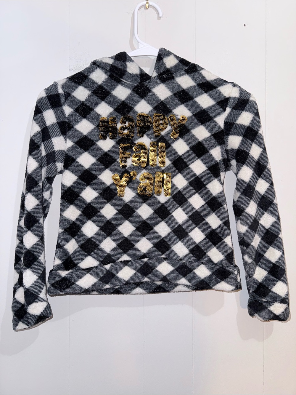 Maddie & Michelle Girls Plaid Fleece Hoodie "Happy Fall Y'all" Size 7/8